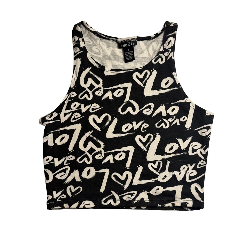 Rue21 Crop Top Black White Love Heart Print Sleeveless Y2K Stretch Small Women